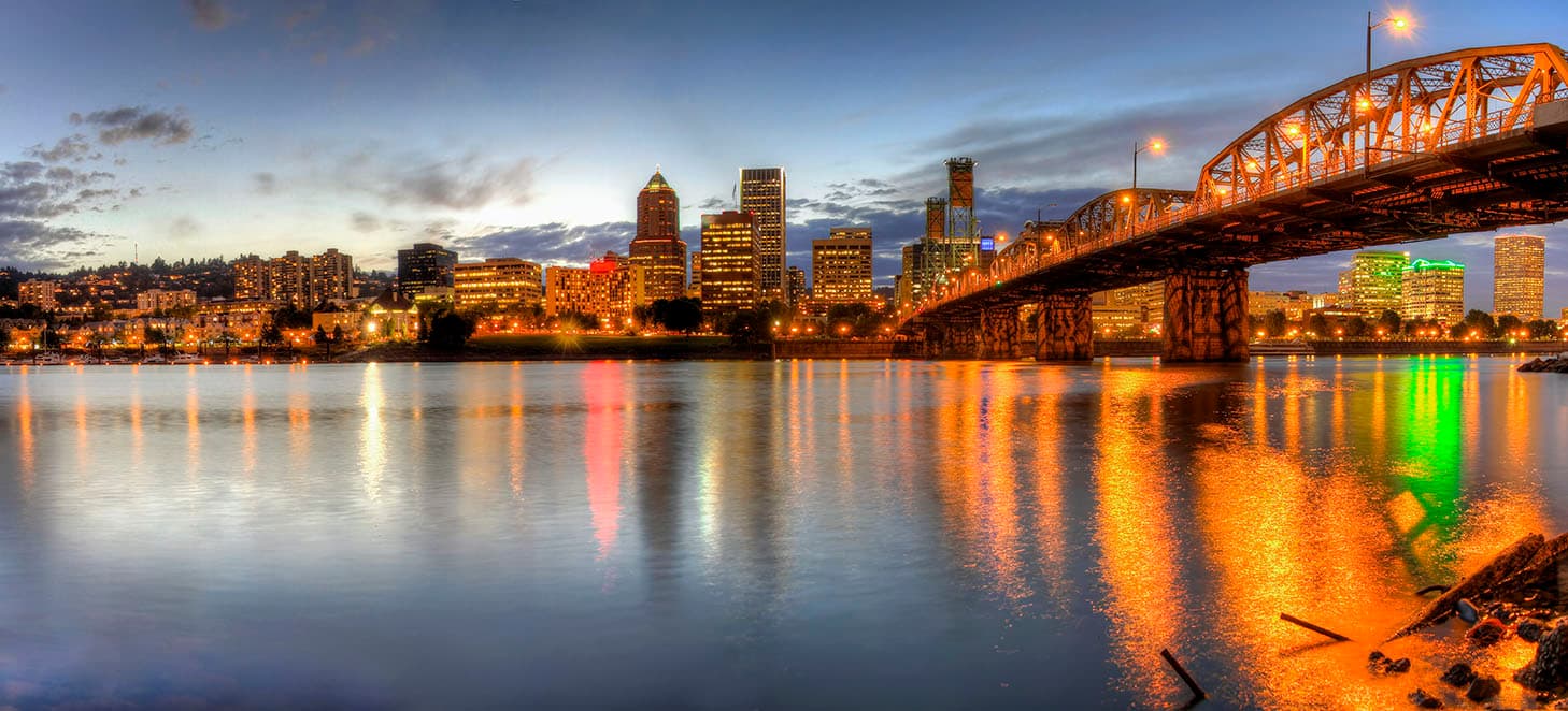 Hawthorne Bridge and the Portland skyline at dusk